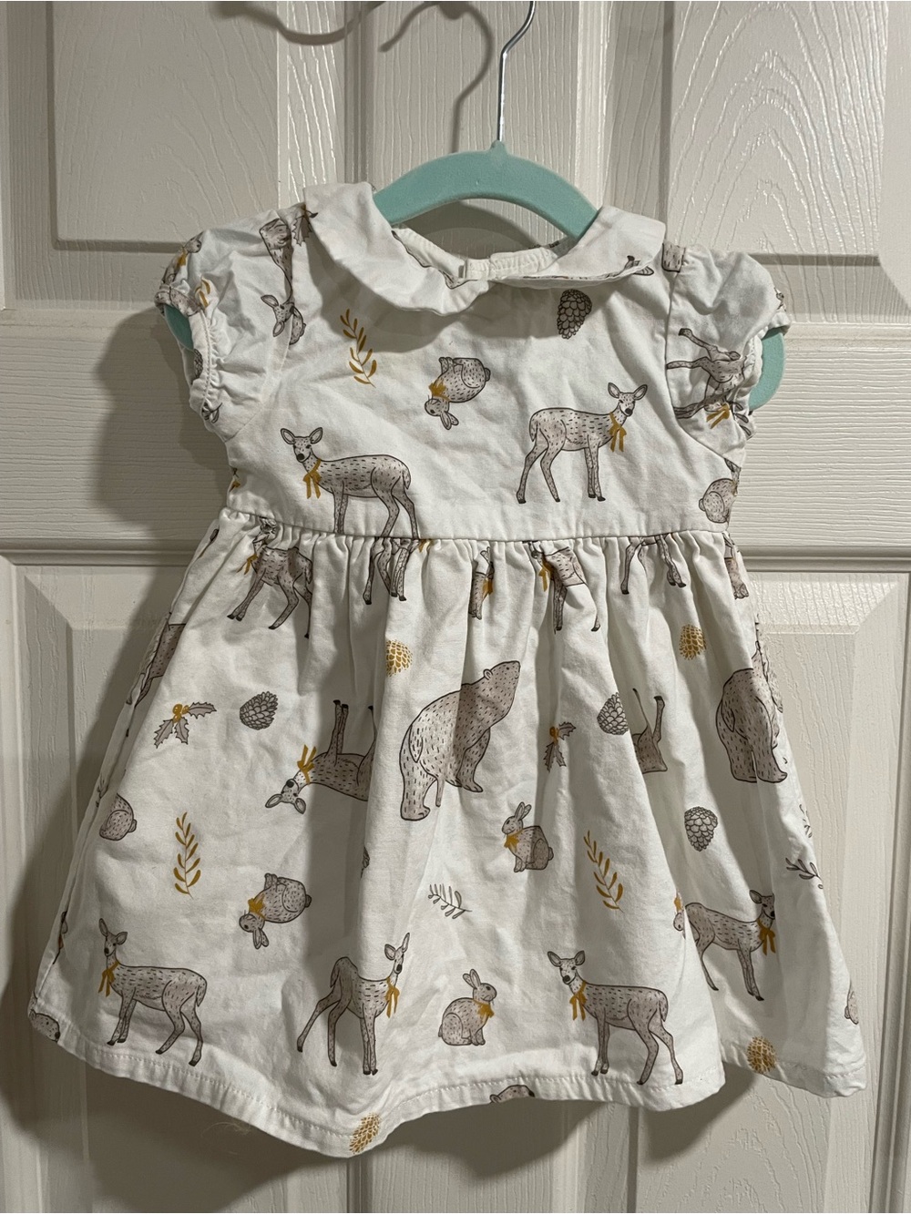 Girls' White Cottage core Woodland Print Cotton Dress with Peter Pan Collar